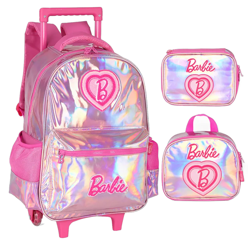 Kit Mochila de Rodinha Barbie Holografico Lancheira Estojo