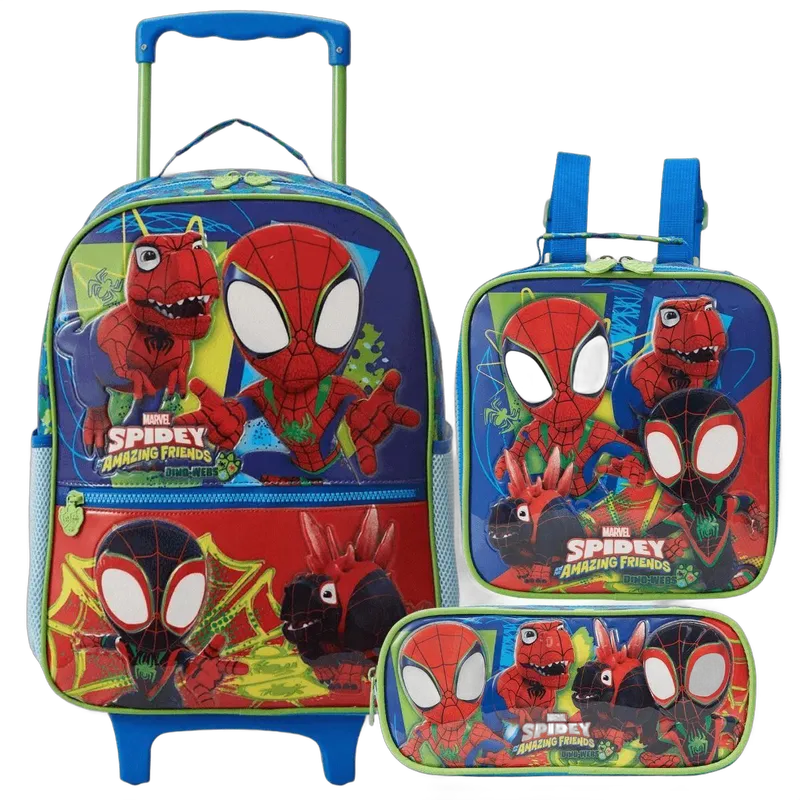 Kit Escolar Spidey Dino Webs com mochila de rodinhas, lancheira e estojo